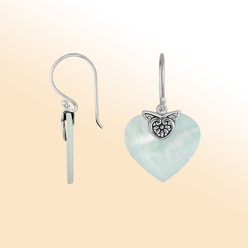 Sterling silver Mother Of Pearl heart drop earrings with handcrafted silver detailing