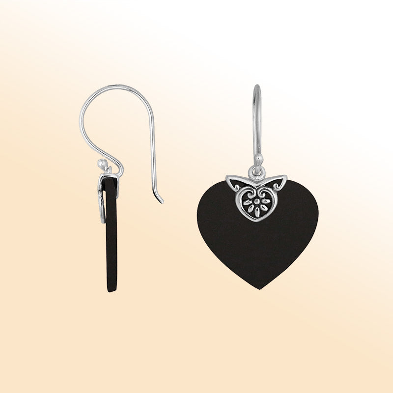 Sterling silver Black Shell heart drop earrings with handcrafted silver detailing