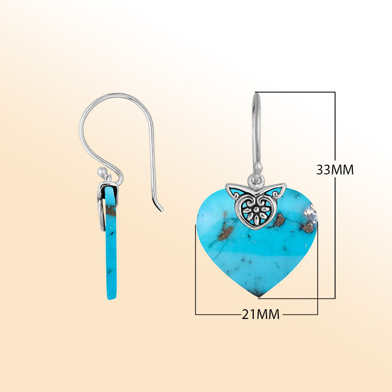 Sterling silver Turquoise Shell heart drop earrings with handcrafted silver detailing