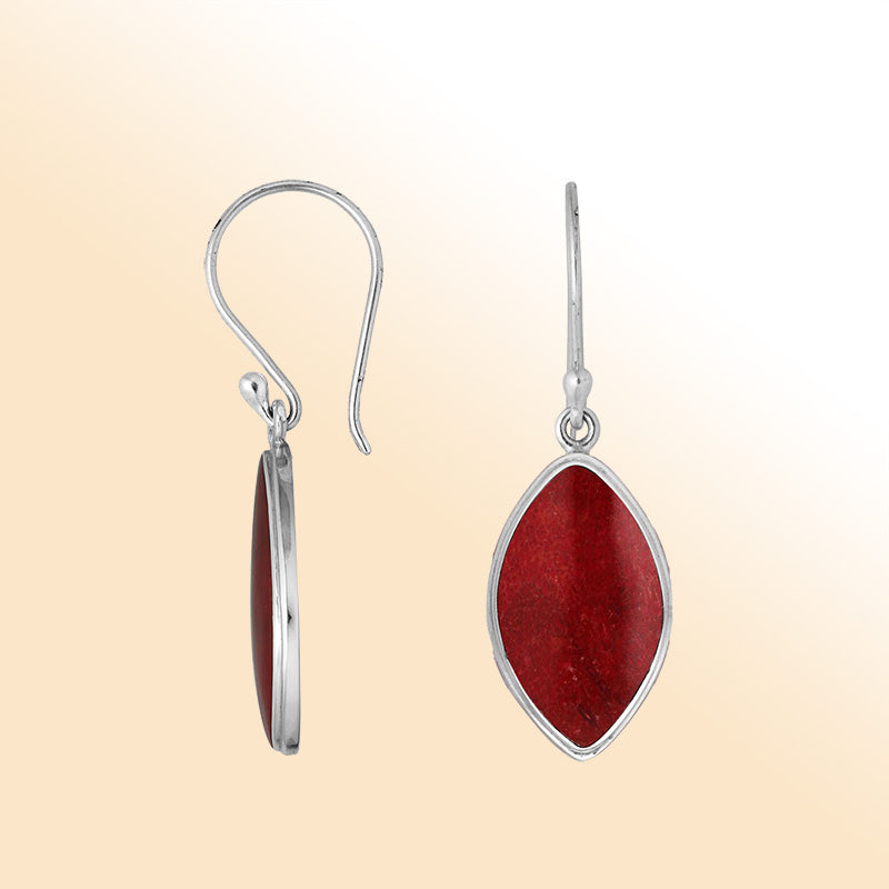 Sterling silver marquise Red Coral earrings with polished silver framing