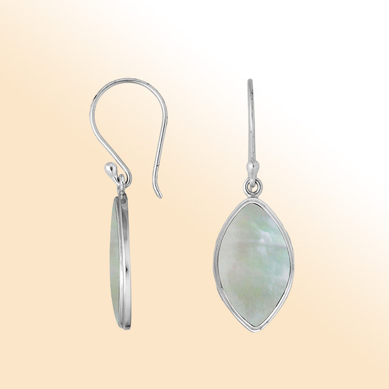 Sterling silver marquise Mother Of Pearl earrings with polished silver framing