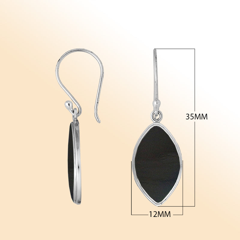 Artisan-style sterling silver marquise earrings showcasing deep Black Shell with polished handcrafted accents.