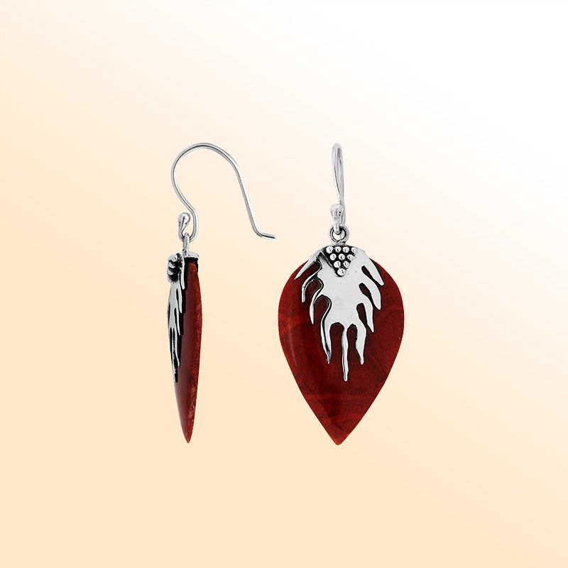 Artisan sterling silver leaf earrings with vivid Red Coral and flowing handcrafted silver detail.