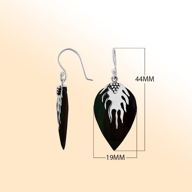 Artisan sterling silver leaf earrings featuring glossy Black Shell and polished handcrafted detailing.