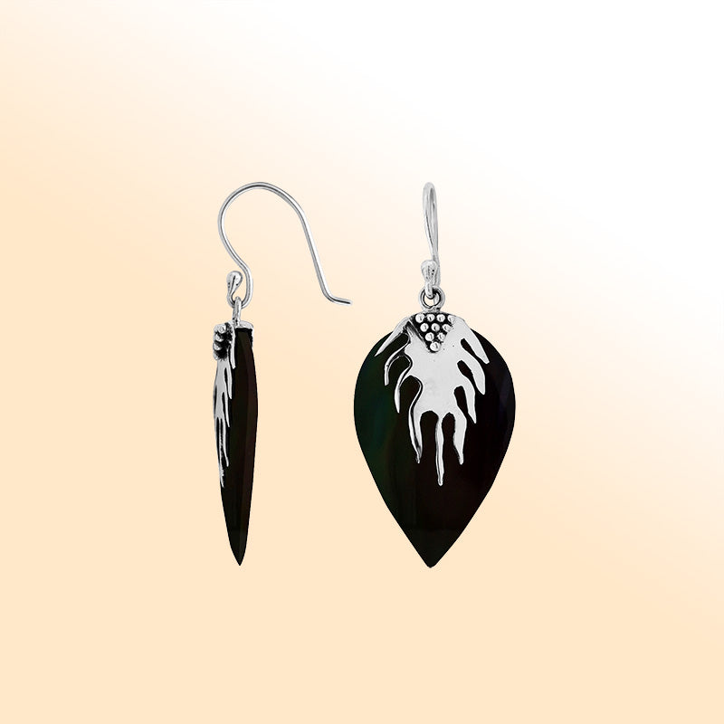 Artisan sterling silver leaf earrings featuring glossy Black Shell and polished handcrafted detailing.