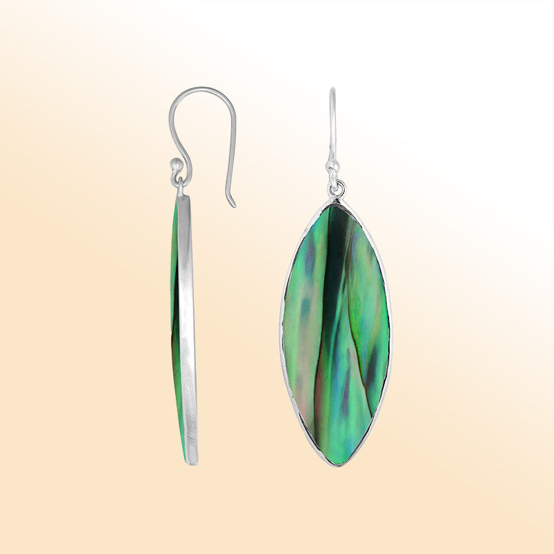 Artisan sterling silver marquise earrings showcasing vivid Abalone Shell with a polished handcrafted finish.