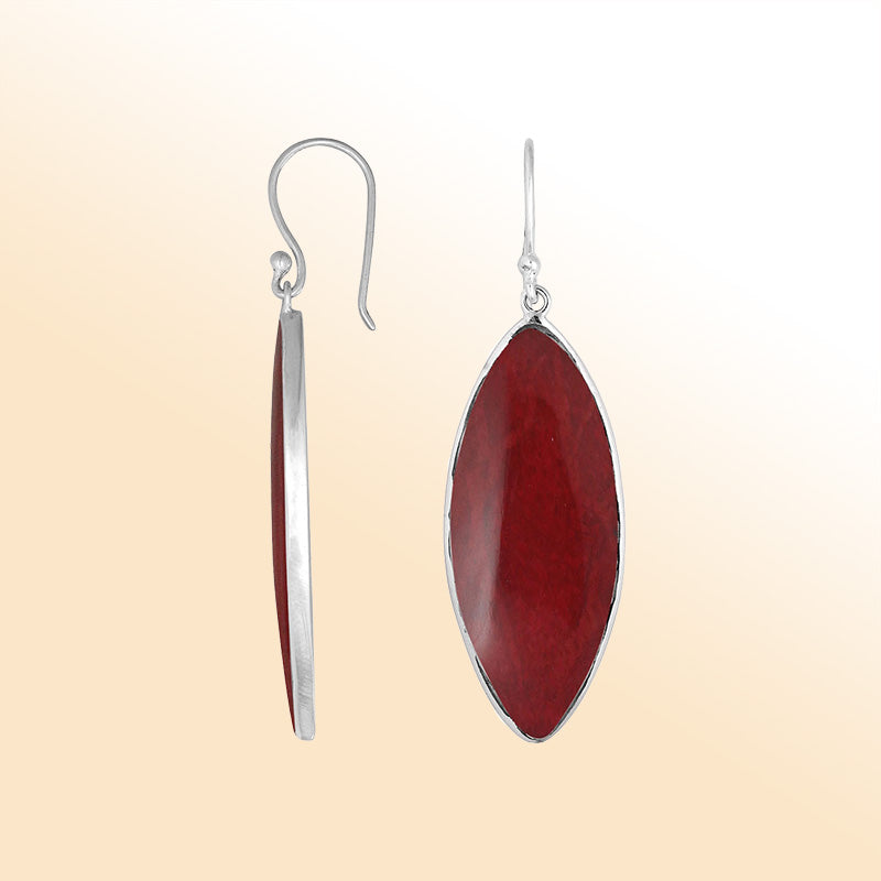 Artisan marquise sterling silver earrings featuring deep Red Coral with a polished handcrafted finish.
