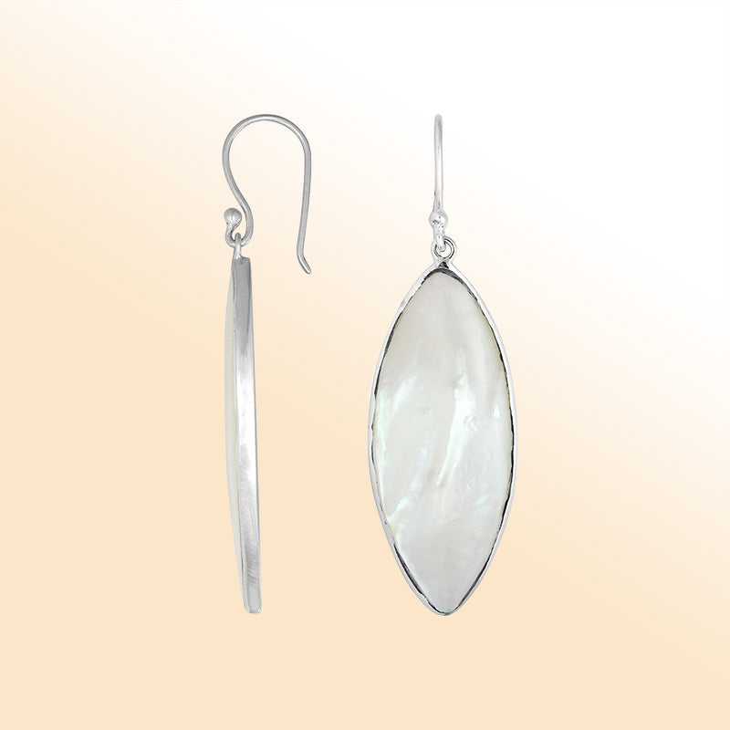 Artisan sterling silver marquise earrings with glowing Mother Of Pearl and polished handcrafted detailing.