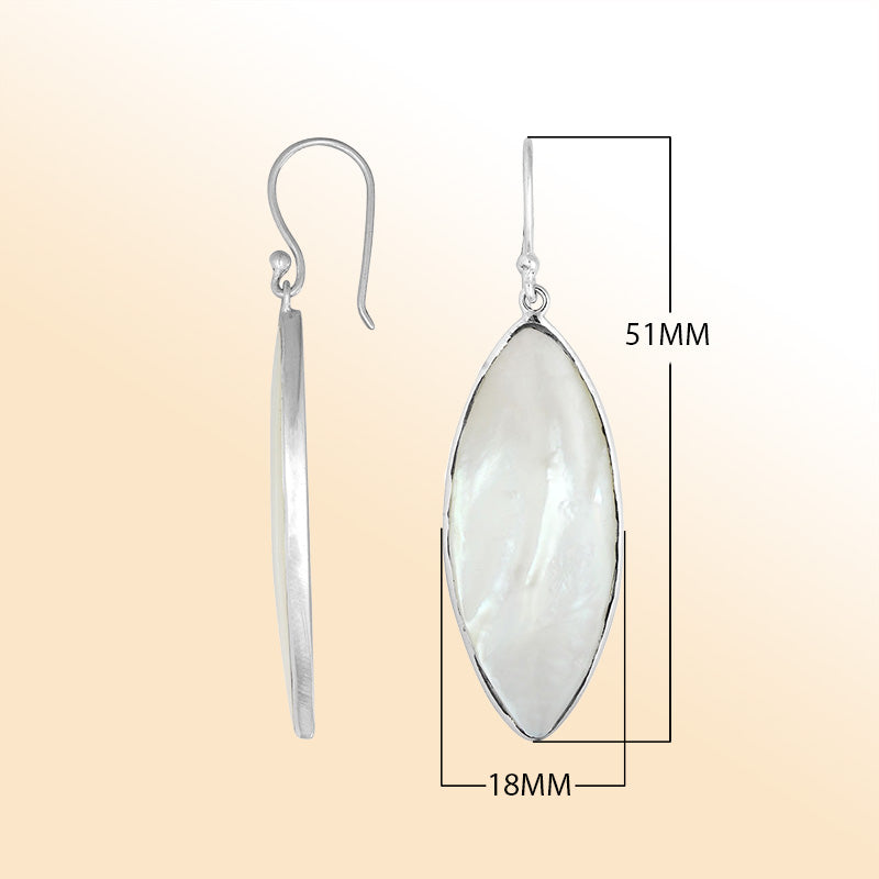Artisan sterling silver marquise earrings with glowing Mother Of Pearl and polished handcrafted detailing.