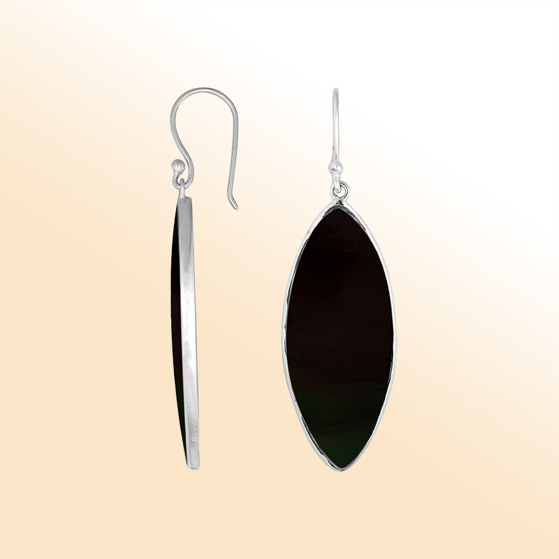 Artisan sterling silver marquise earrings showcasing deep Black Shell with polished handcrafted detailing.