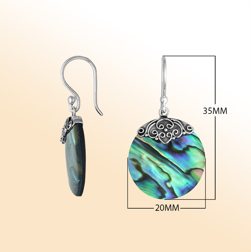 Artisan sterling silver round earrings showcasing luminous Abalone Shell with polished handcrafted detailing.