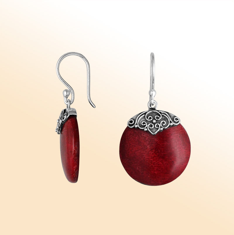 Artisan sterling silver round earrings with vibrant Red Coral and polished handcrafted detailing.