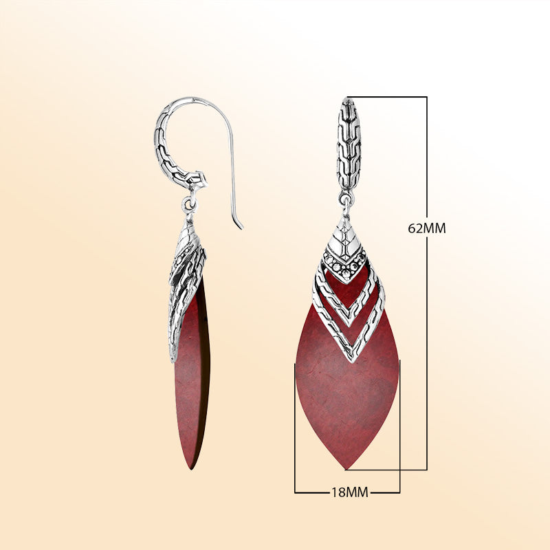 Artisan sterling silver layered leaf earrings with Red Coral, Cubic Zirconia, and polished handcrafted detailing.