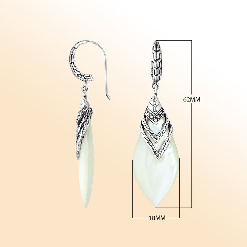 Artisan sterling silver layered leaf earrings with luminous Mother Of Pearl and sparkling Cubic Zirconia accents.