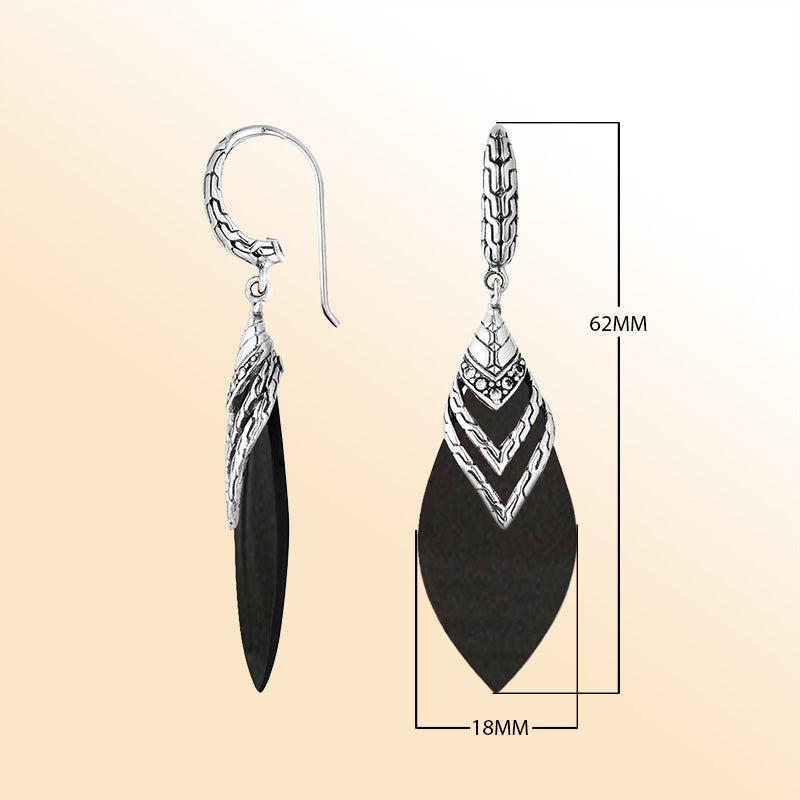 Artisan sterling silver layered leaf earrings featuring Black Shell and sparkling Cubic Zirconia with polished detailing.
