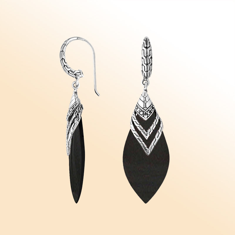 Artisan sterling silver layered leaf earrings featuring Black Shell and sparkling Cubic Zirconia with polished detailing.
