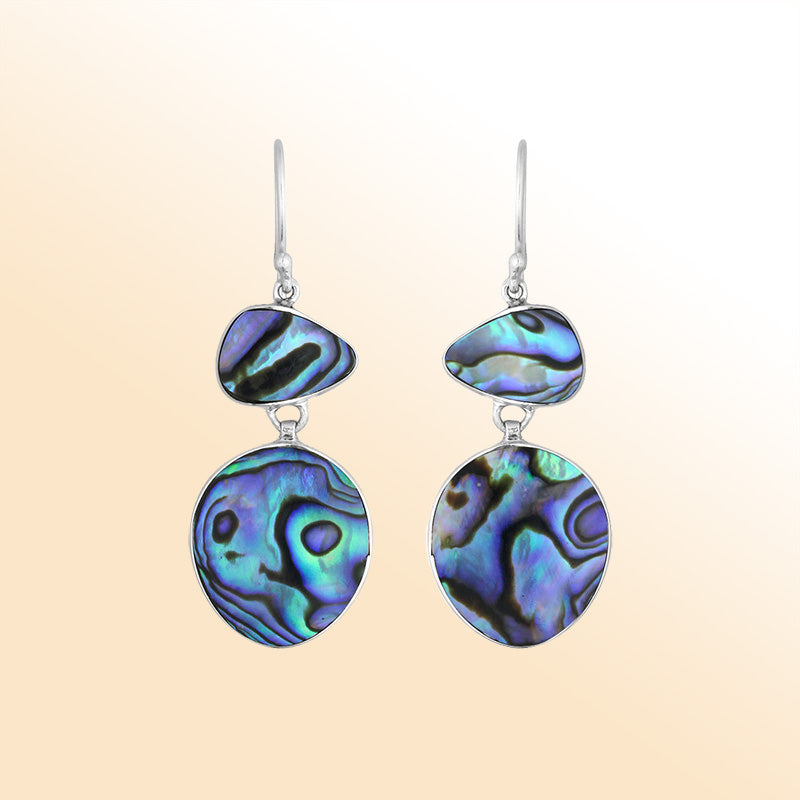 Artisan sterling silver double-drop earrings featuring vibrant Abalone Shell with polished handcrafted detailing.