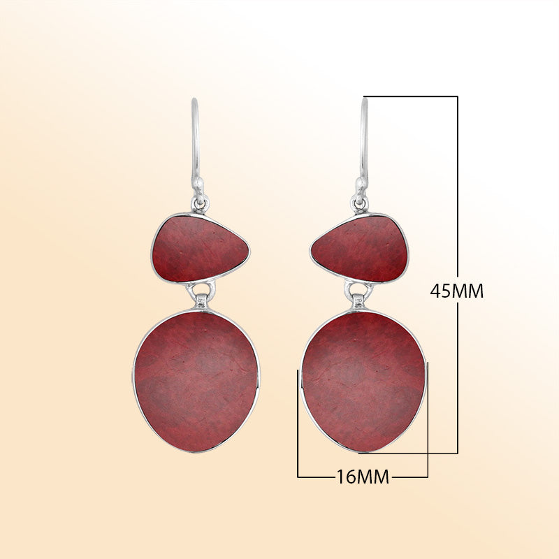 Artisan sterling silver double-drop earrings with bold Red Coral and polished handcrafted detailing.