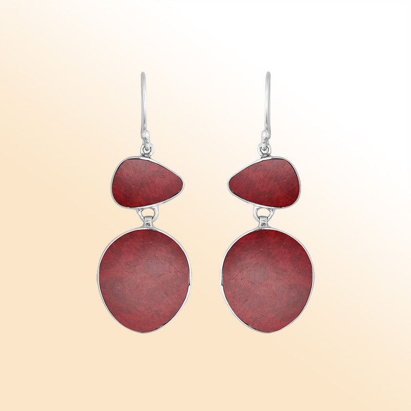 Artisan sterling silver double-drop earrings with bold Red Coral and polished handcrafted detailing.