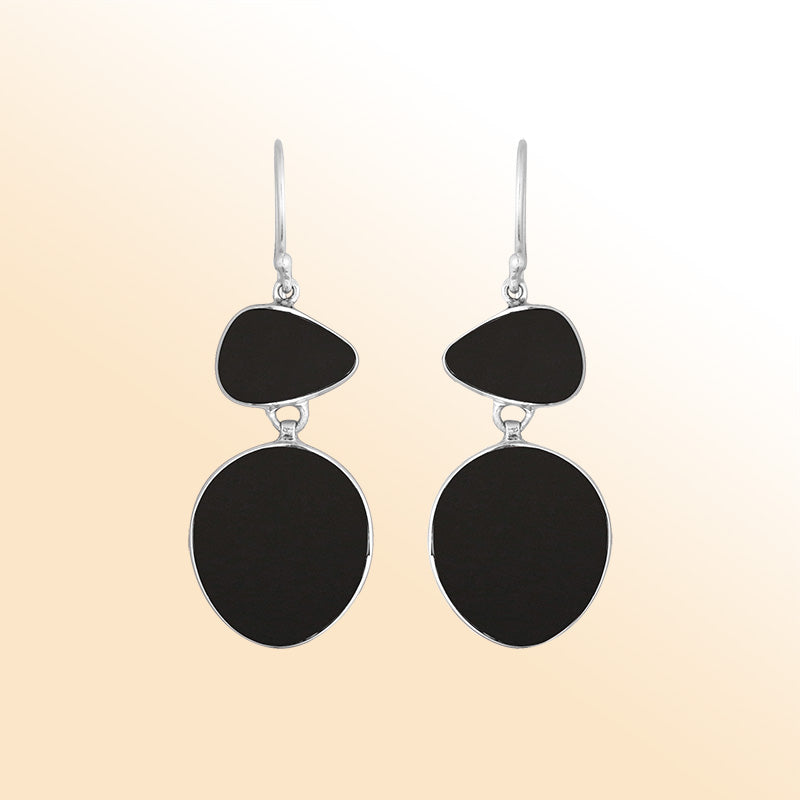Artisan sterling silver double-drop earrings featuring polished Black Shell with handcrafted detailing.