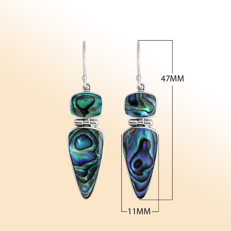 Artful sterling silver earrings with tiered Abalone Shell pieces in oceanic hues