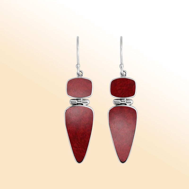 Artistic sterling silver earrings with sculpted Red Coral dual-drop elements