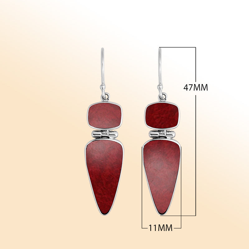 Artistic sterling silver earrings with sculpted Red Coral dual-drop elements