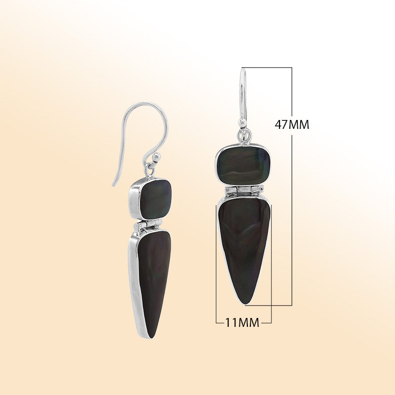 Sterling silver Black Shell triangular drop earrings handcrafted in Bali Indonesia