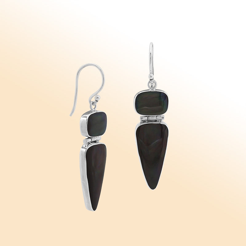 Sterling silver Black Shell triangular drop earrings handcrafted in Bali Indonesia
