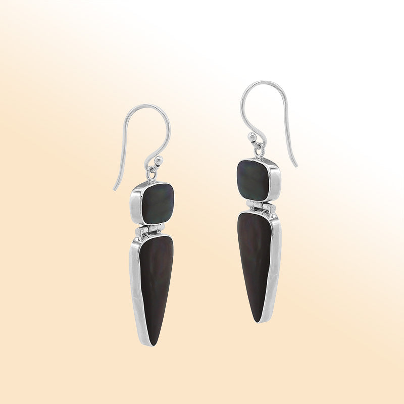 Sterling silver Black Shell triangular drop earrings handcrafted in Bali Indonesia