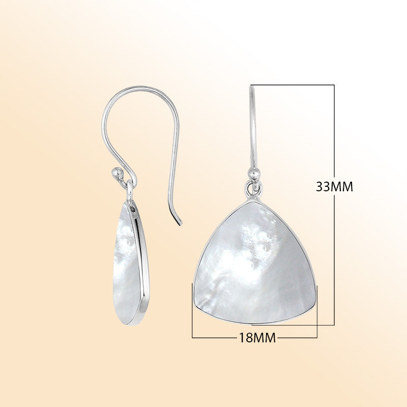Alt Text: Elegant sterling silver trilliant drop earrings featuring luminous Mother Of Pearl