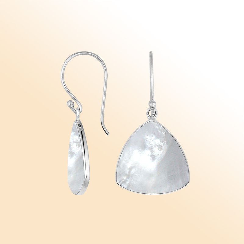 Alt Text: Elegant sterling silver trilliant drop earrings featuring luminous Mother Of Pearl