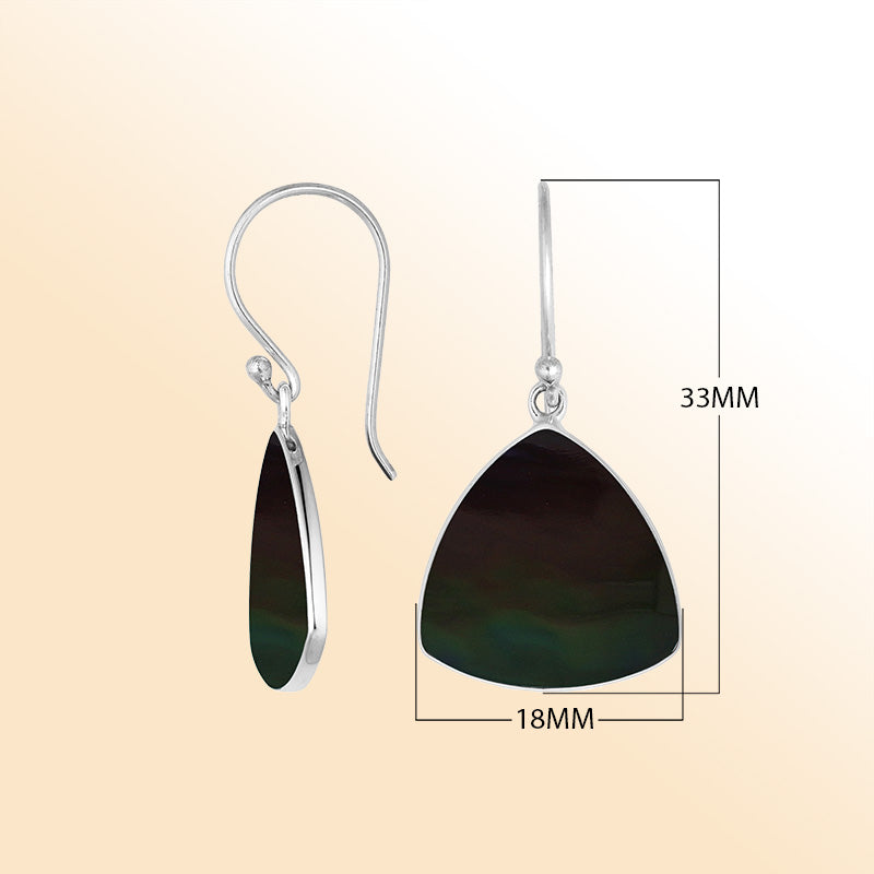Sterling Silver Black Shell triangle drop earrings for women with Earwire and radiant polish.