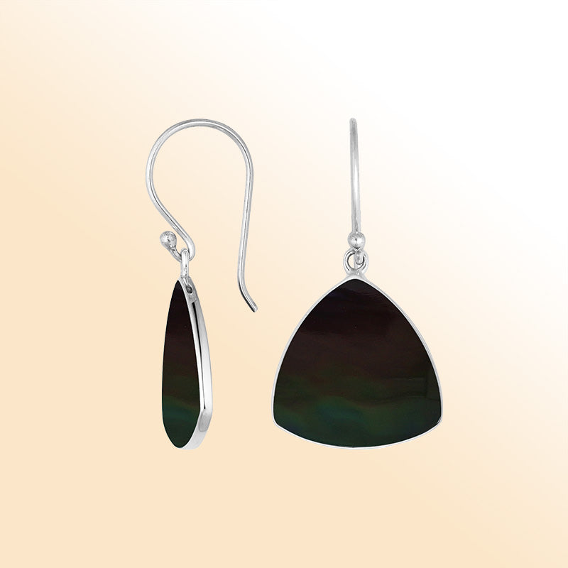 Sterling Silver Black Shell triangle drop earrings for women with Earwire and radiant polish.