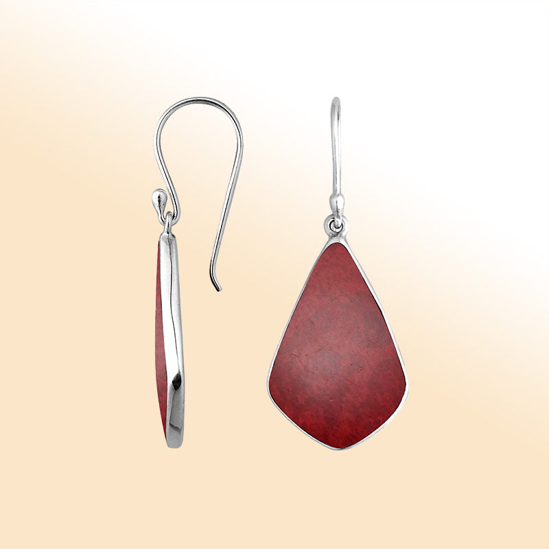 Sterling Silver Red Coral fancy shape drop earrings for women with Earwire and radiant polish.