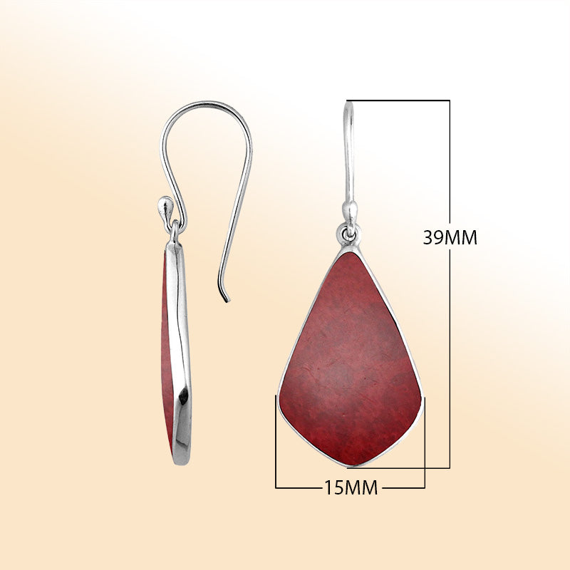 Sterling Silver Red Coral fancy shape drop earrings for women with Earwire and radiant polish.