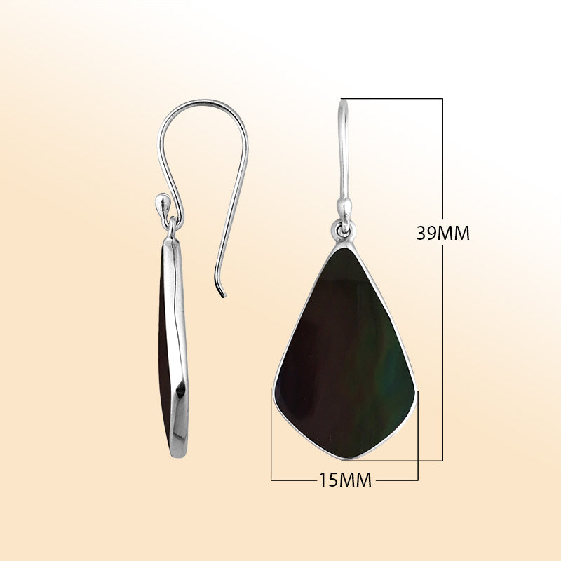 Sterling Silver Black Shell fancy shape drop earrings for women with Earwire and radiant polish.