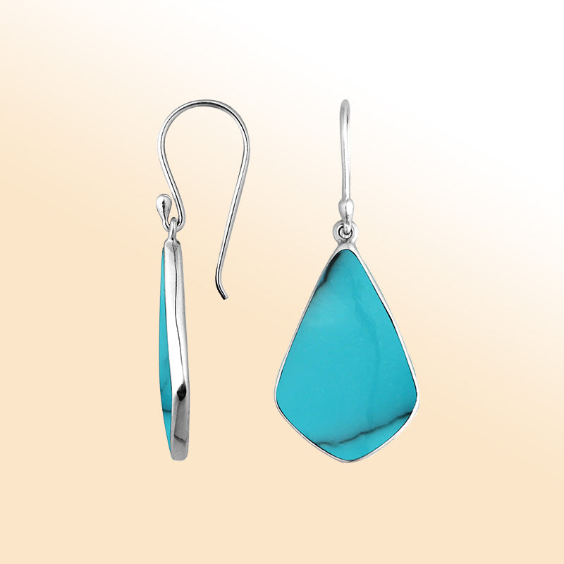 Sterling Silver Turquoise Shell fancy shape drop earrings for women with Earwire and radiant polished shine.