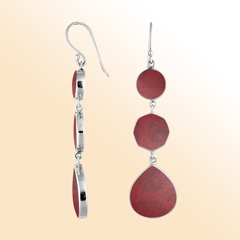 Sterling Silver Red Coral multi shape drop earrings for women with Earwire and radiant polished finish.