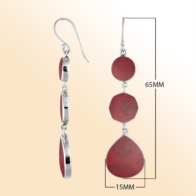 Sterling Silver Red Coral multi shape drop earrings for women with Earwire and radiant polished finish.