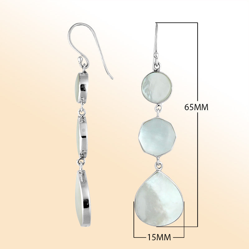 Sterling Silver Mother Of Pearl multi shape drop earrings for women with Earwire and radiant polish.