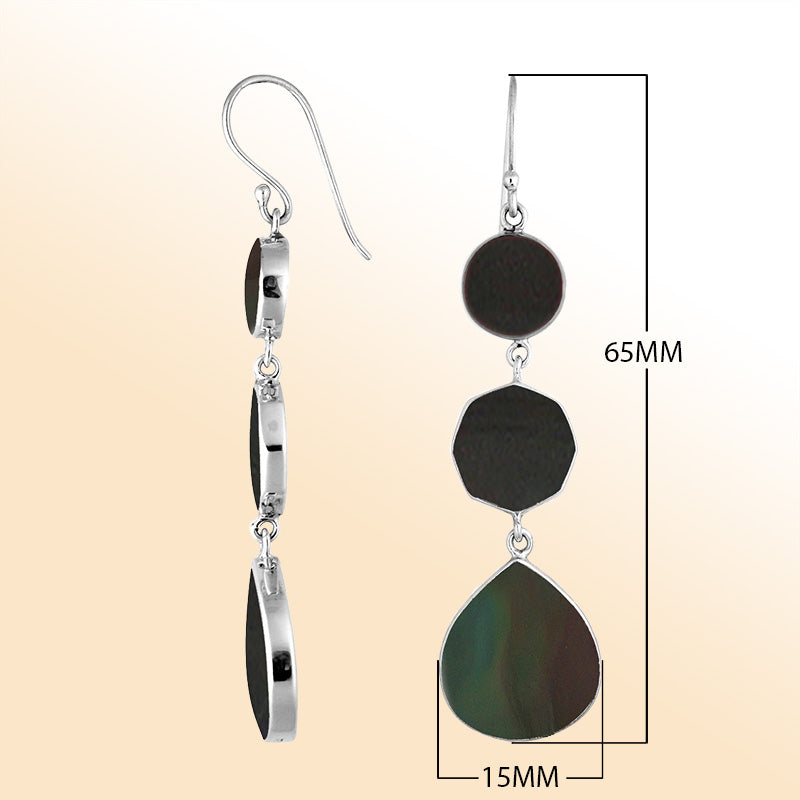 Sterling Silver Black Shell multi shape drop earrings for women with Earwire and radiant polished shine.