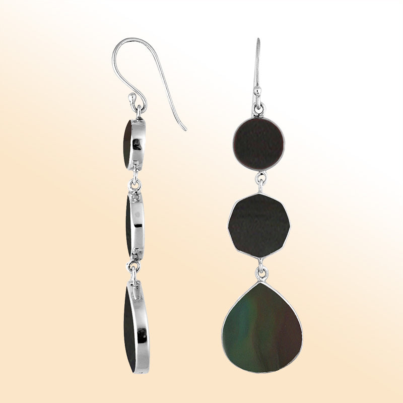 Sterling Silver Black Shell multi shape drop earrings for women with Earwire and radiant polished shine.