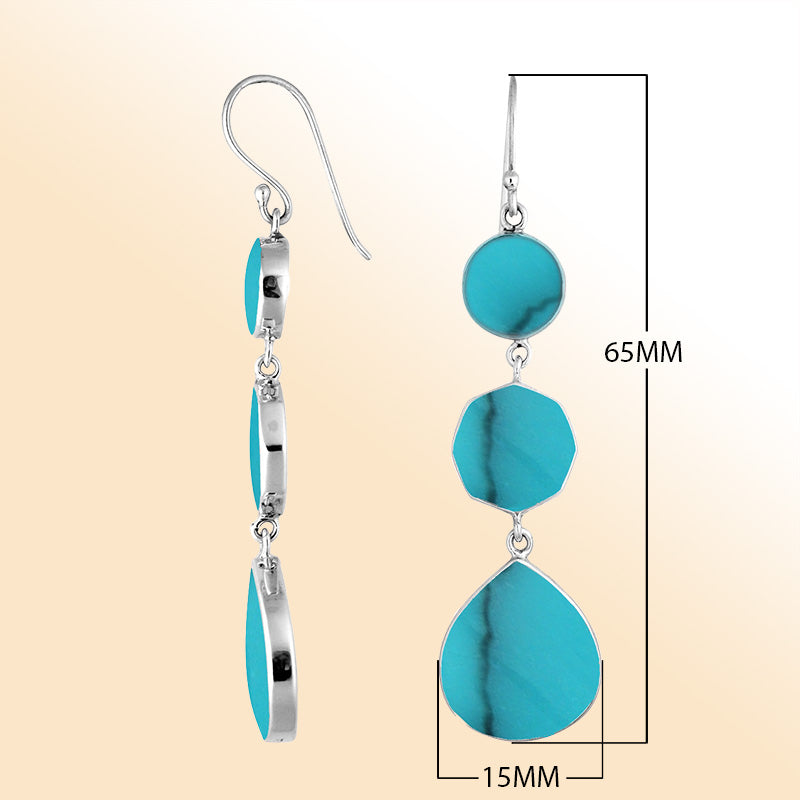 Sterling Silver Turquoise Shell multi shape drop earrings for women with Earwire and radiant polished shine.