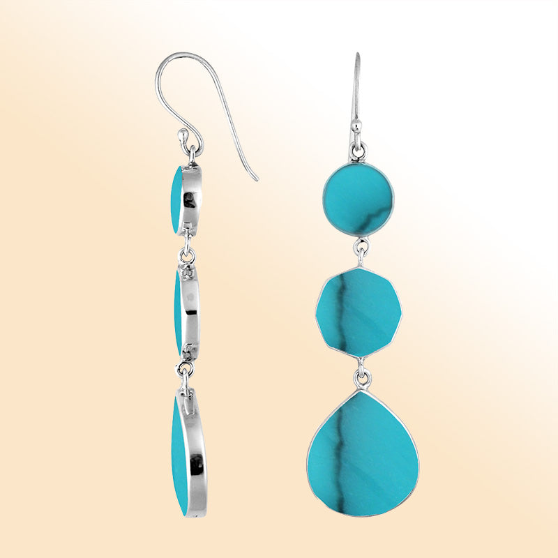 Sterling Silver Turquoise Shell multi shape drop earrings for women with Earwire and radiant polished shine.
