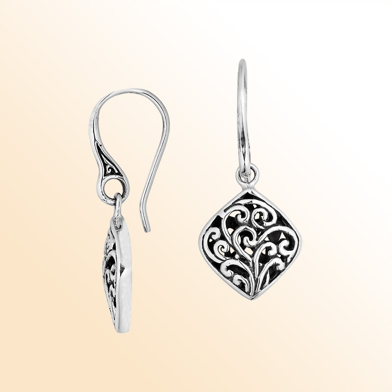 Sterling Silver diamond shape filigree drop earrings for women with Earwire and oxidized detailing.