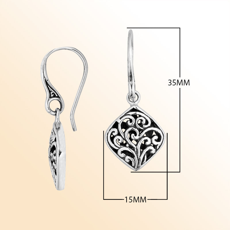 Sterling Silver diamond shape filigree drop earrings for women with Earwire and oxidized detailing.
