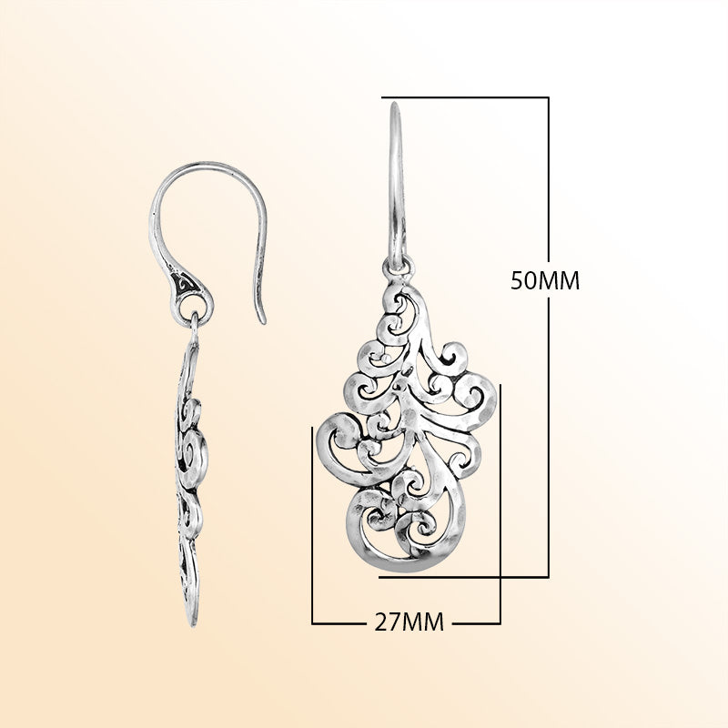 Sterling Silver filigree scroll drop earrings for women with Earwire and polished finish handcrafted jewelry.