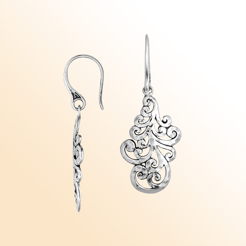 Sterling Silver filigree scroll drop earrings for women with Earwire and polished finish handcrafted jewelry.