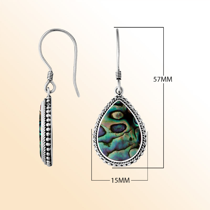 Sterling Silver Abalone Shell pear shape drop earrings for women with Earwire and polished silver border.